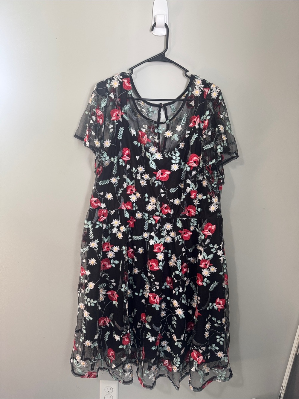 Lane Bryant Black Mesh Midi Dress with Red Rose & White Daisy Embroidery